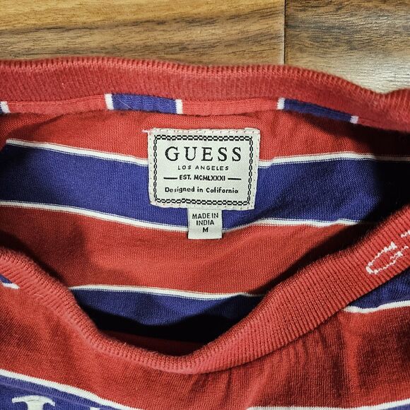 VINTAGE Guess T Shirt Men Sz M Blue Red Striped Embroidered Logo Casual 00s Y2K - Picture 3 of 7